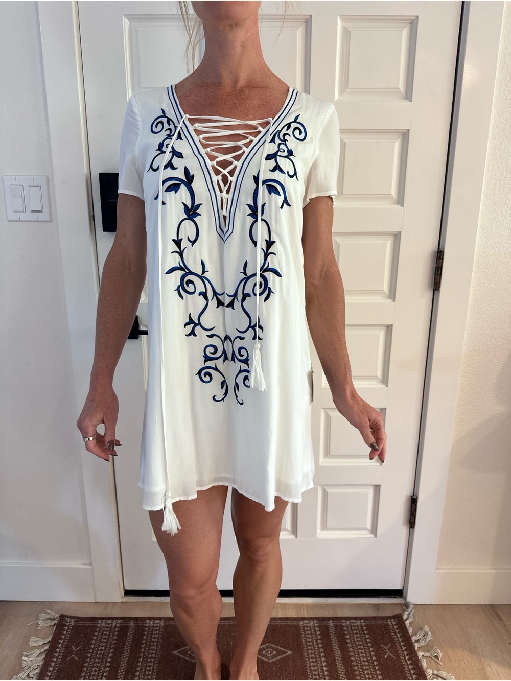 Lulu's White Lace-Up Dress with Navy Embroidery